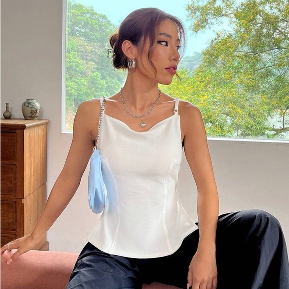 Tops - Elegant White Women's Top Backless Draped Collar Cami Top adjustable